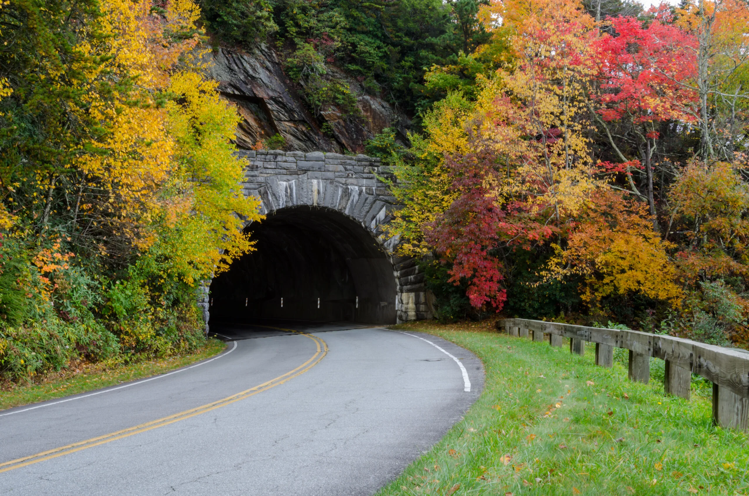 Blue Ridge Parkway in foggy conditions showing reduced visibility and weather challenges